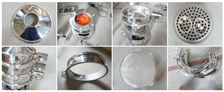 不銹鋼振動篩結構展示：防塵蓋，出料口，閘門，篩網(wǎng)于彈跳球，底座，振動彈簧等。