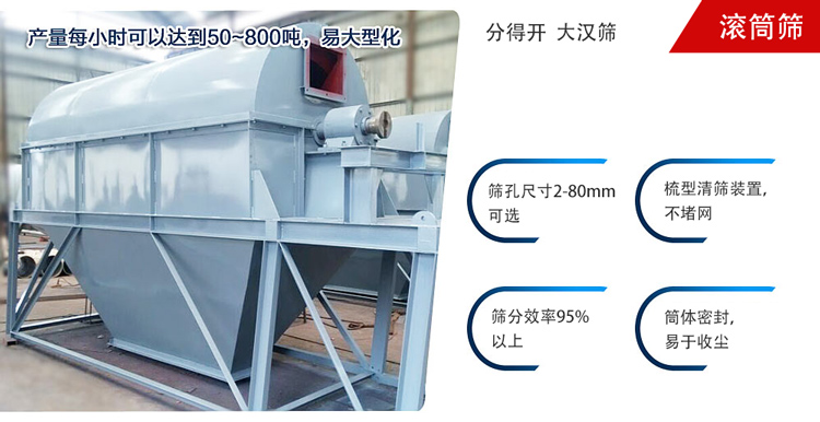滾筒篩分開放式,封閉式兩種選擇無塵篩分。無軸滾筒：適用生活垃圾等一些有一定纏繞性物料;有軸滾筒：適用石料，砂土等含水量較少的物料
