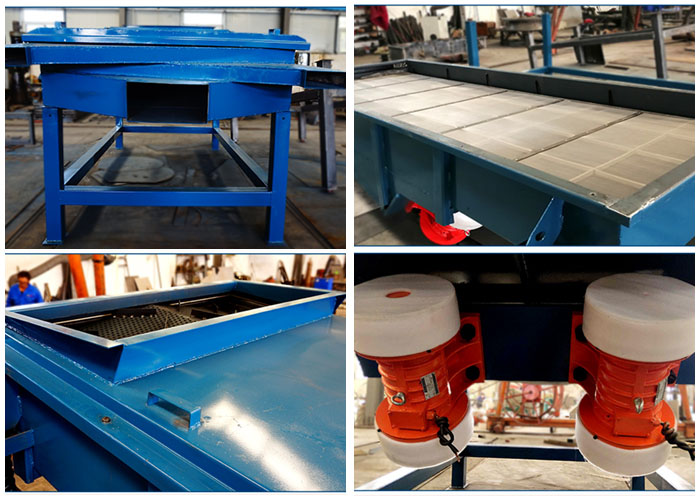 方形振動(dòng)篩出料口，篩網(wǎng)和網(wǎng)架，進(jìn)料口，振動(dòng)電機(jī)等細(xì)節(jié)展示。