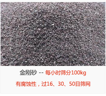 篩分金剛砂每小時100kg，有腐蝕性，過16、30、50目篩網(wǎng)