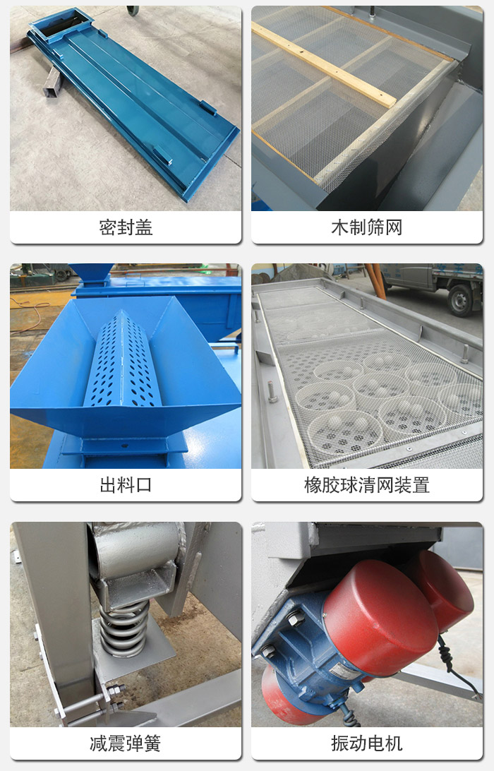 直線篩分機的結(jié)構(gòu)展示圖：篩箱是物料主要篩分設(shè)備之一，篩網(wǎng)用于篩分物料，振動電機幫助篩網(wǎng)篩分。