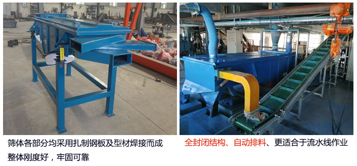 直線篩分機篩體各部分均采用扎制鋼板及型材焊接而成整體剛度好，牢固可靠；全封閉結(jié)構(gòu)、自動排料、更適合于流水線作業(yè)。