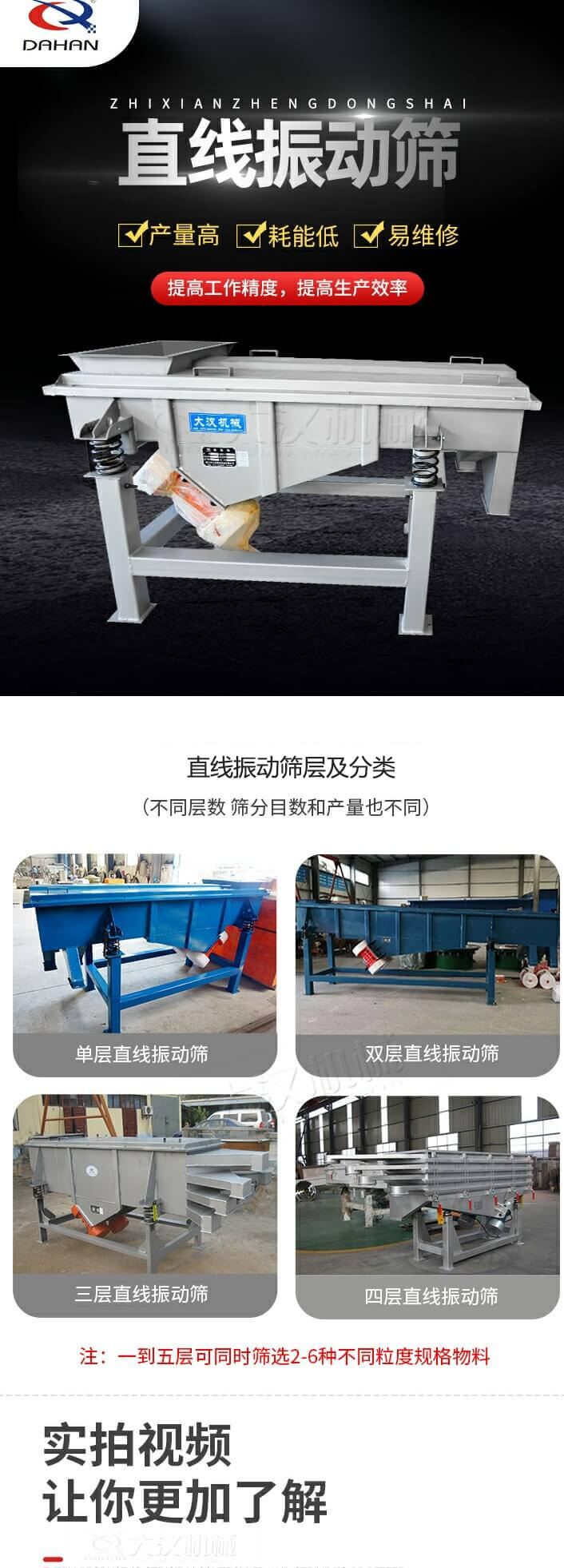 直線振動(dòng)篩概述，產(chǎn)量高，耗能低，易維修，提高工作精度，提高生產(chǎn)效率，直線振動(dòng)篩層級(jí)分類：不同層數(shù)，篩分目數(shù)和產(chǎn)量也不同：?jiǎn)螌?，雙層，三層，四層等。