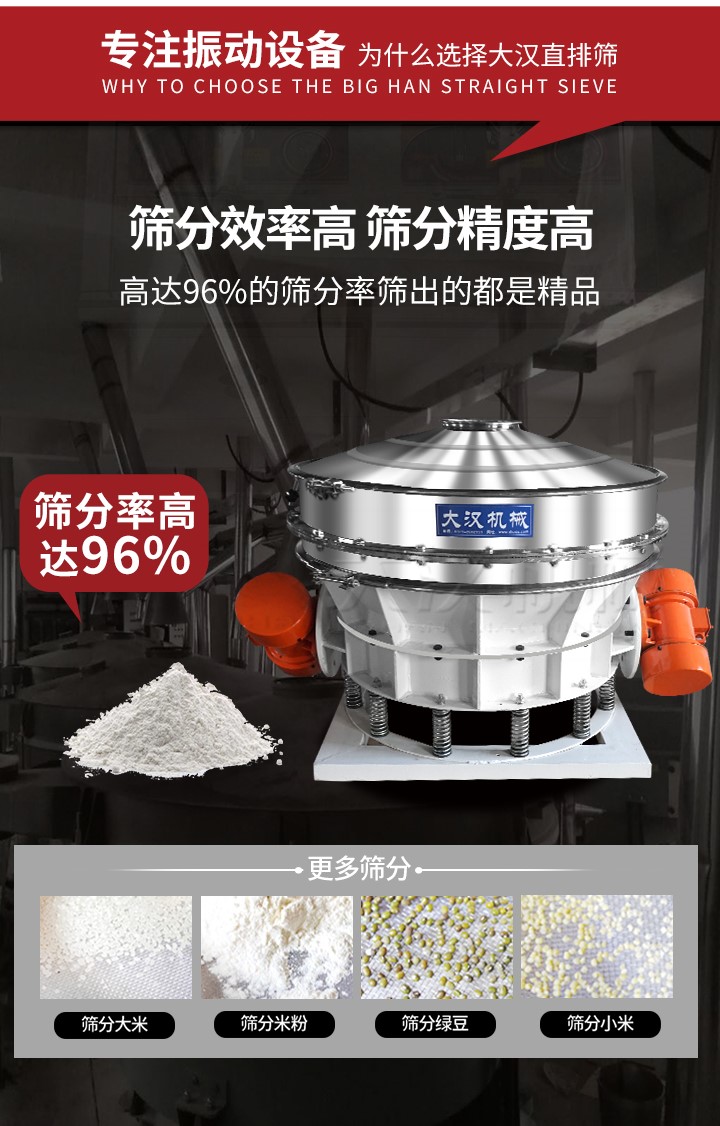 直排篩適用物料有面粉，淀粉，洗衣粉，金屬粉，添加劑，化工，非礦等行業(yè)。