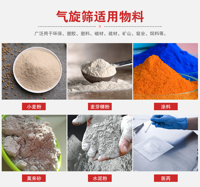 氣旋篩適用物料：小麥粉，麥芽糖粉，涂料，等粉狀物料。