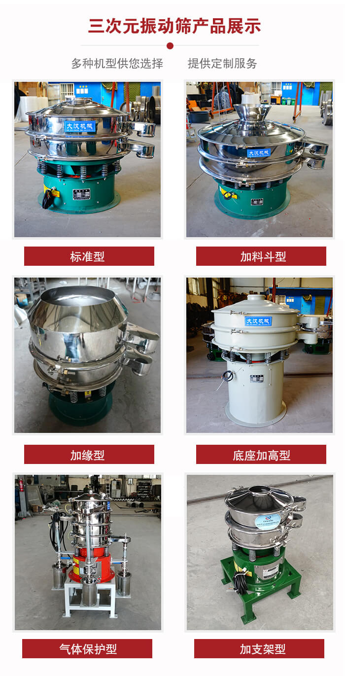 三次元振動篩不同結(jié)構(gòu)展示：標(biāo)準(zhǔn)型，加料斗型，加緣型，底座加高型，氣體保護型，加支架型。